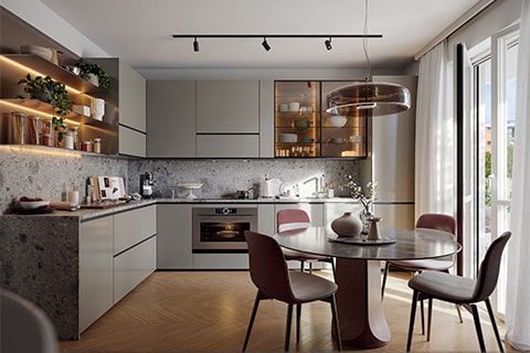 Soggiorno con Cucina dei nuovi Trilocali di 7PM Living Vibes a Milano